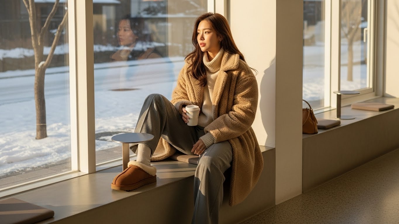 방한화 겨울 코디 스타일링 - 베이지 테디베어 코트, 크림 터틀넥, 그레이 팬츠에 브라운 양털 슬리퍼를 매치한 카페 데일리룩