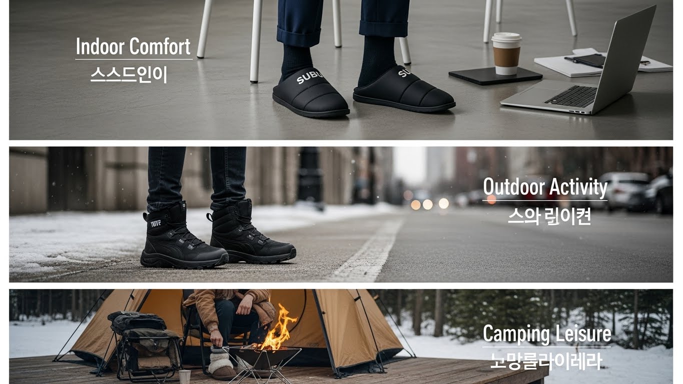 방한화 3가지 활용 시나리오 - 상단 실내 오피스용 패딩 슬리퍼, 중단 도심 야외활동용 방한 부츠, 하단 겨울 캠핑용 방한화