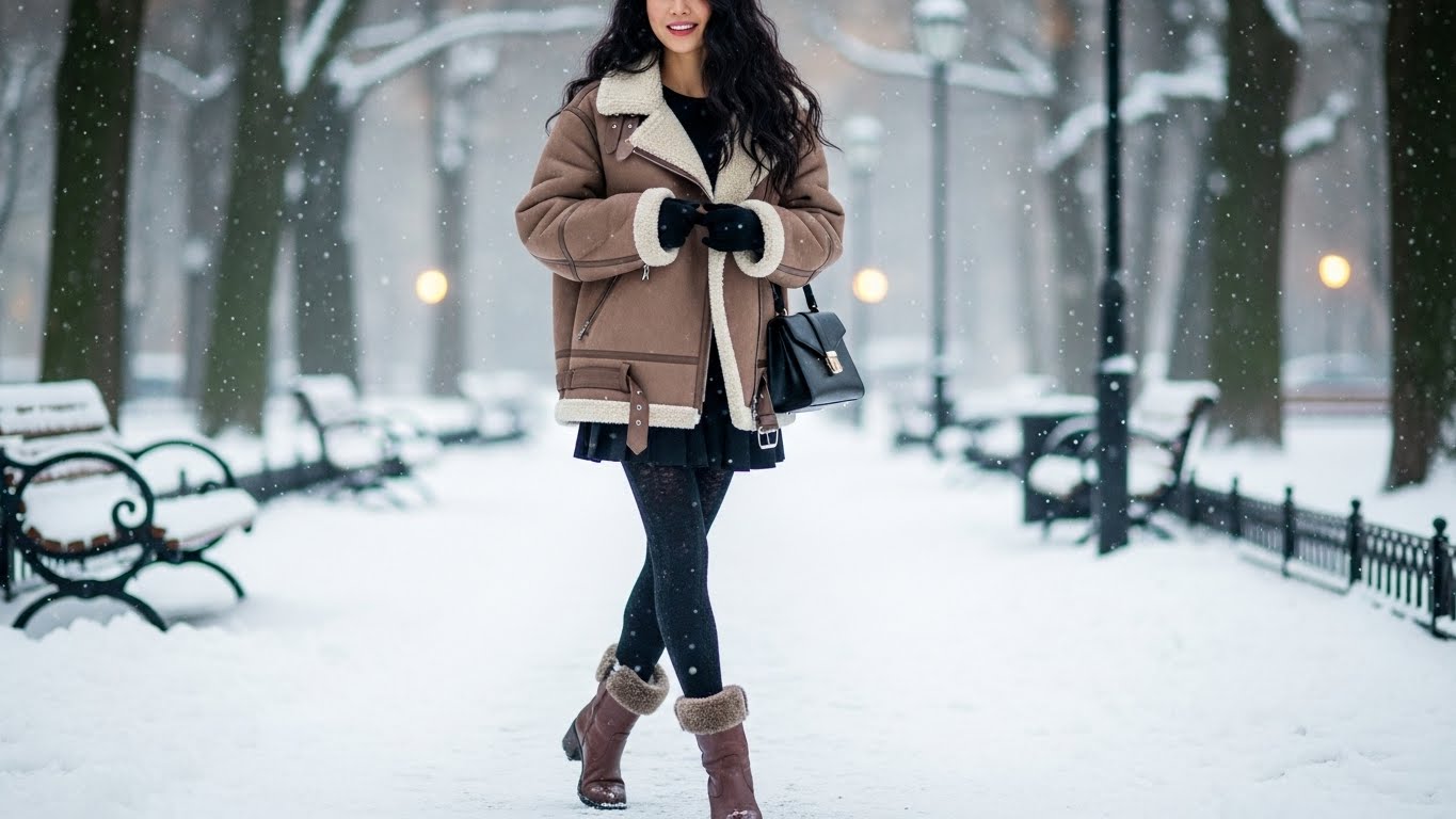 겨울 방한부츠 스타일링 - 브라운 무스탕 재킷과 퍼 장식 방한 부츠를 매치한 눈 오는 날 공원 패션 코디