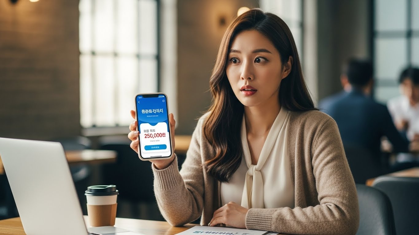 30대 여성이 카페에서 청약통장 뱅킹앱으로 월 25만원 납입액을 확인하는 모습