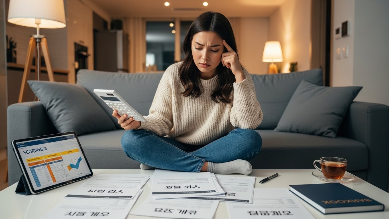 30대 여성이 거실 소파에서 계산기를 들고 청약 가점 계산 서류를 보며 진지하게 고민하는 모습