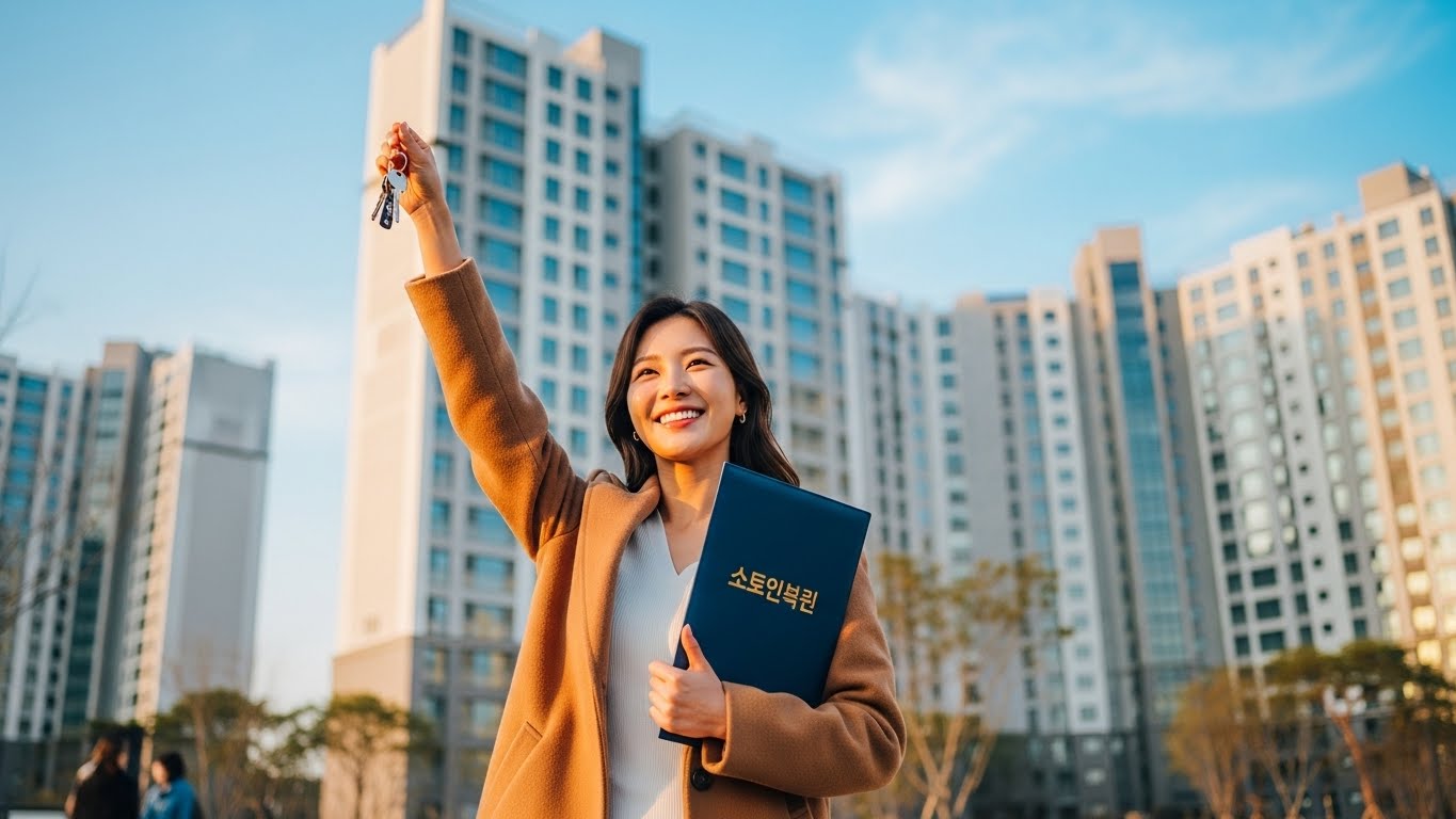 30대 여성이 새 아파트 단지 앞에서 청약 당첨 후 열쇠를 높이 들고 환하게 웃으며 내집마련 성공을 기뻐하는 모습