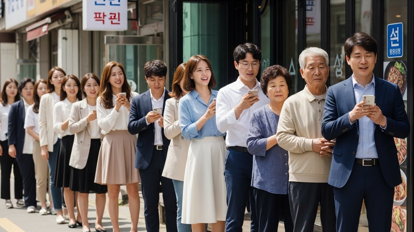 강북구청 인근 인기 맛집 앞에서 점심시간에 줄을 서서 기다리는 직장인과 주민들 - 30대 여성 직장인들과 다양한 연령대의 한국인들이 스마트폰을 보며 즐겁게 웨이팅하고 있는 모습