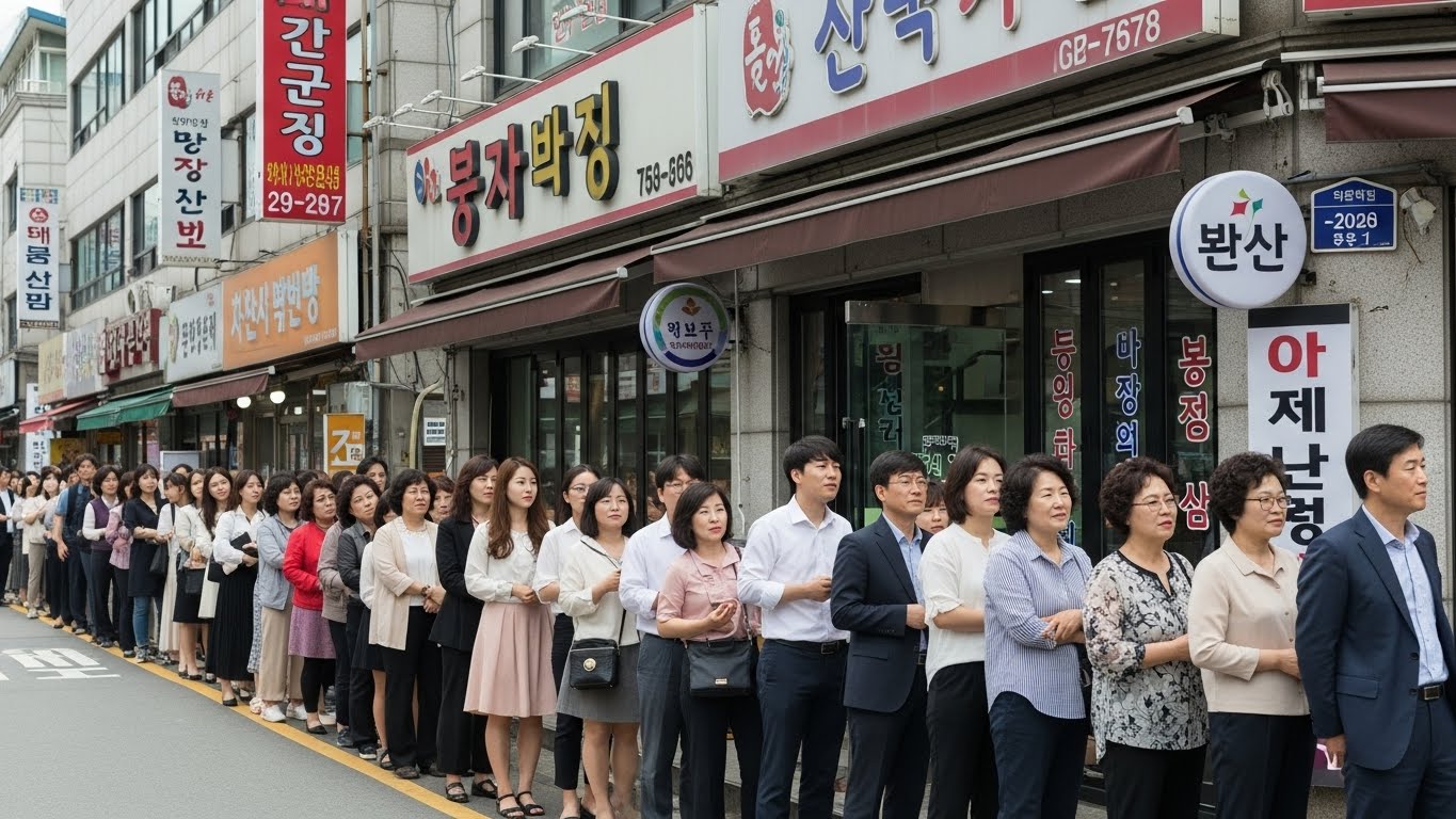 강북구청 인근 맛집 점심시간 대기줄, 직장인들이 길게 줄을 서서 기다리는 모습