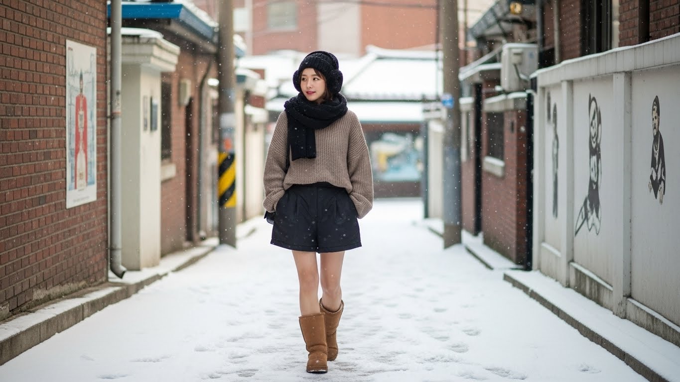 2025년 겨울 20대 여성이 방한화를 신고 눈 내리는 거리를 걷는 겨울 패션 스타일링
