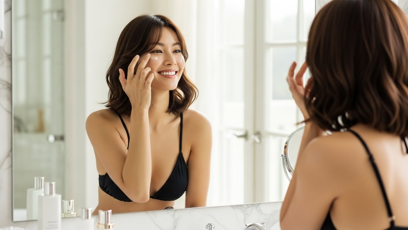 거울 앞에서 아이크림을 바르며 미소짓는 여성 눈가 주름 개선 올바른 사용법 50대 여성 스킨케어 루틴 아침 뷰티 습관