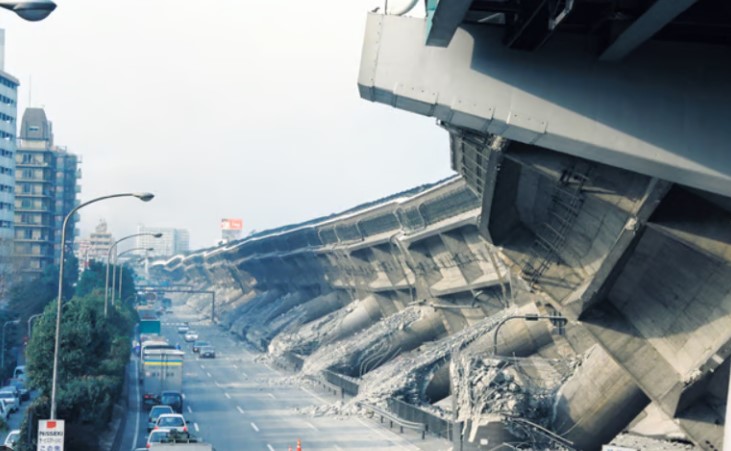 1995년 한신&middot;아와지 대지진으로 완전히 무너진 한신 고속도로 - 규모 7.3 직하형 지진의 파괴력을 보여주는 고속도로 교각 붕괴 현장