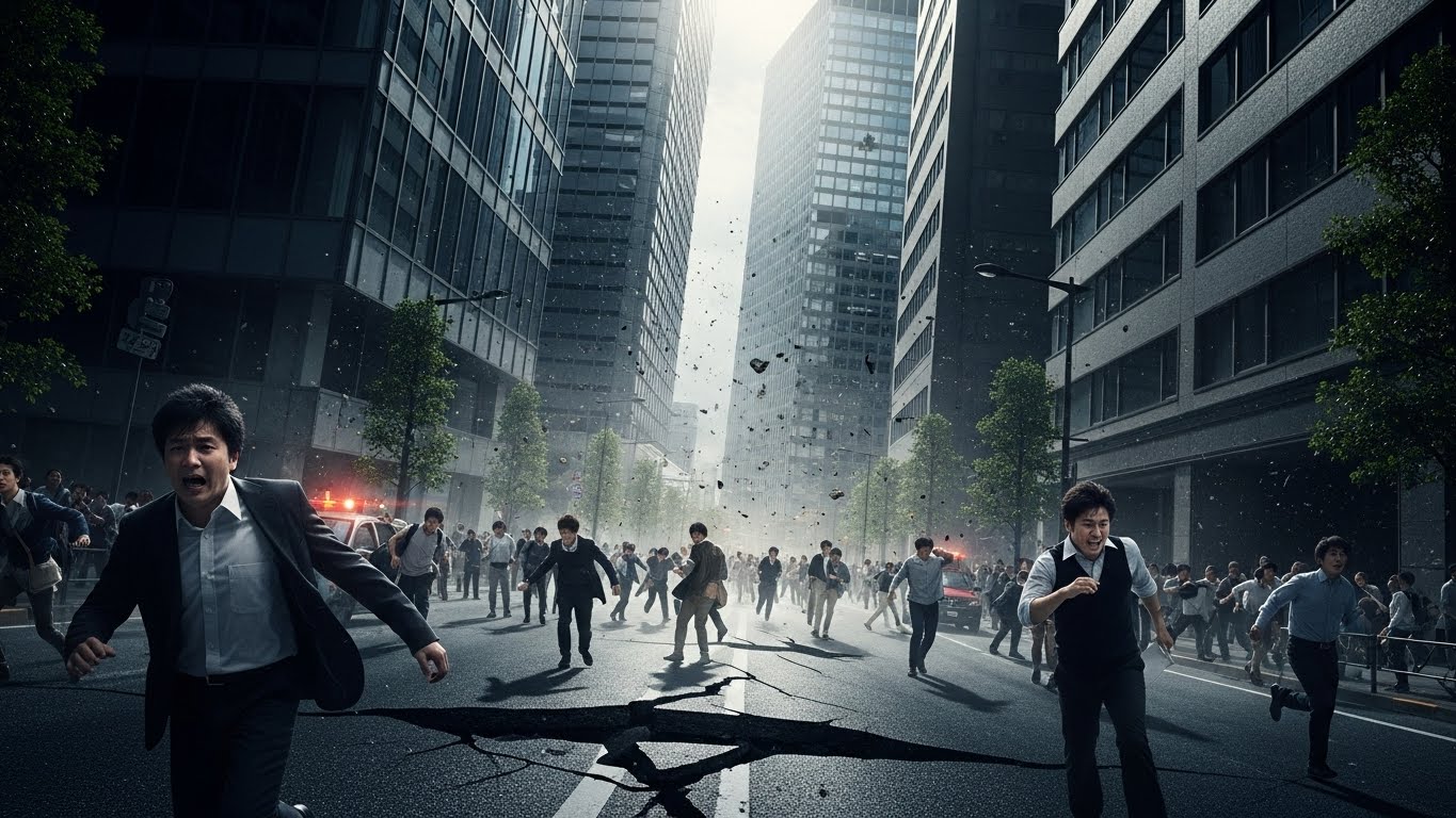 지진 발생 직후 일본 도심에서 대피하는 사람들 - 공포에 질린 표정으로 갈라진 도로를 뛰어가는 직장인들과 흔들리는 고층 빌딩 사이를 빠져나가는 긴박한 순간