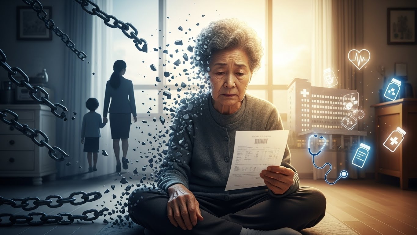 26년 만에 폐지되는 의료급여 부양비 제도로부터 해방되는 한국 어르신, 부서지는 쇠사슬과 희망의 빛으로 상징되는 2026년 의료비 지원 개선