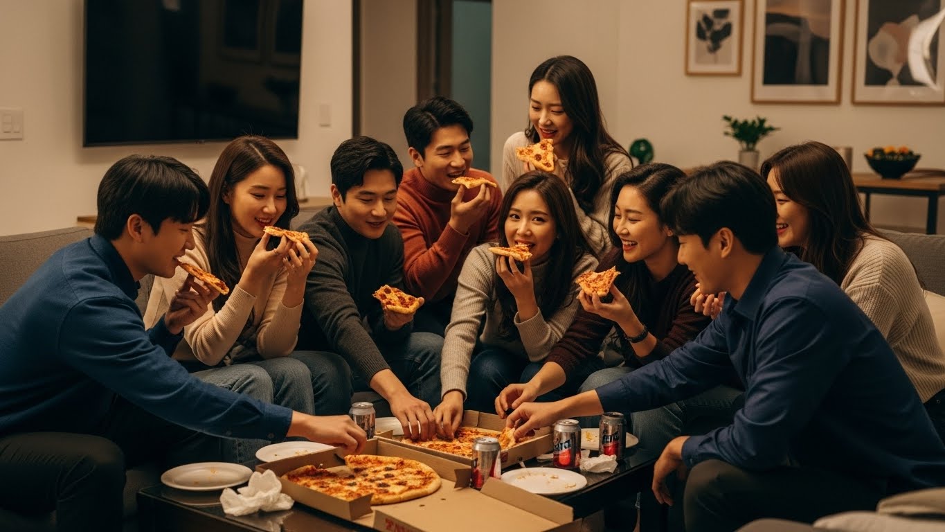 2025년 크리스마스 시즌 친구 가족 피자 파티 홈파티 연말 모임 행복한 시간 피자 주문
