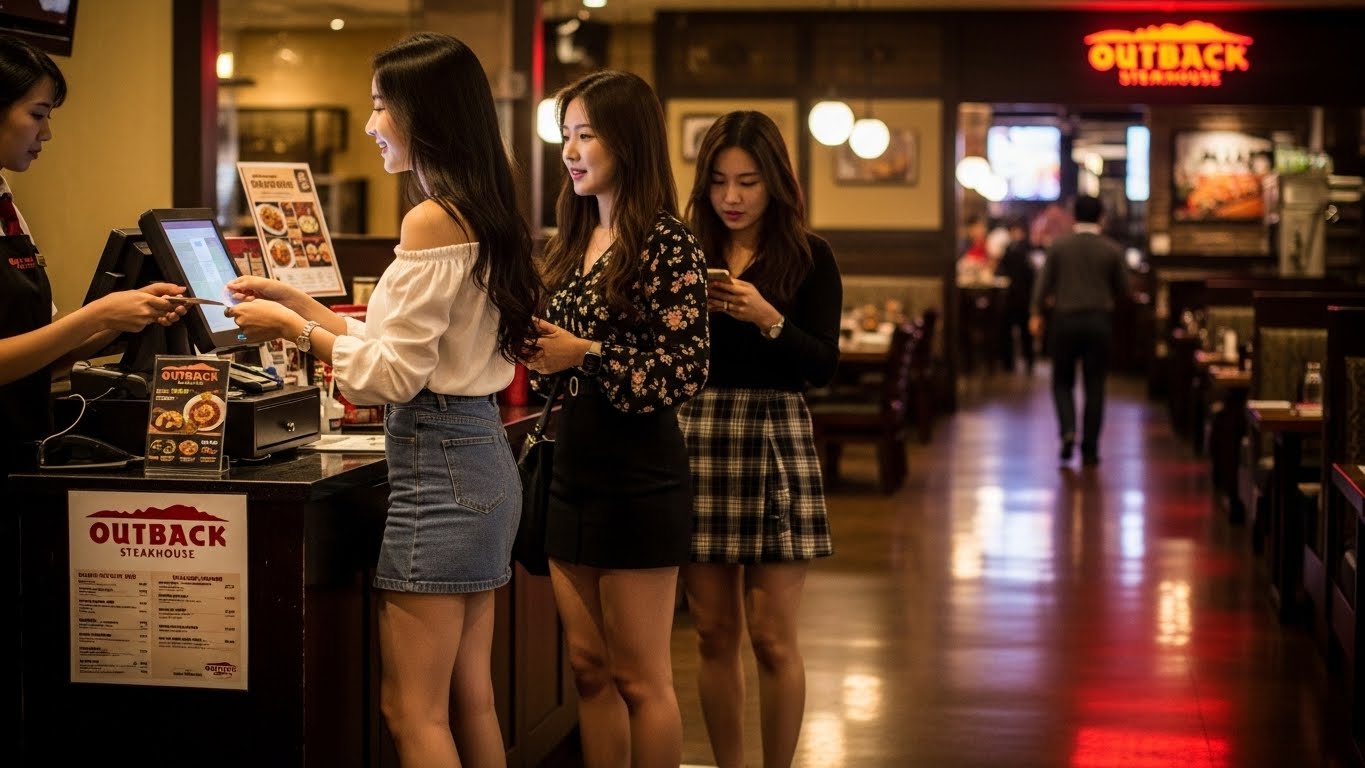 아웃백 스테이크하우스 매장 입구에서 부메랑 멤버십 모바일 앱으로 할인 쿠폰 사용하는 고객들