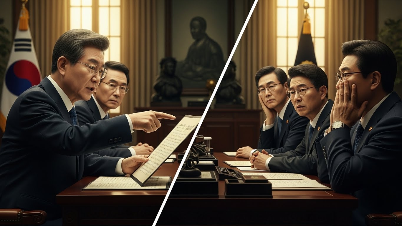 청와대 집무실에서 이재명 대통령이 역사 문헌을 손으로 가리키며 질문하는 모습과 맞은편에서 긴장한 표정으로 듣고 있는 역사학자들과 참모들, 태극기가 보이는 분할 화면 구도