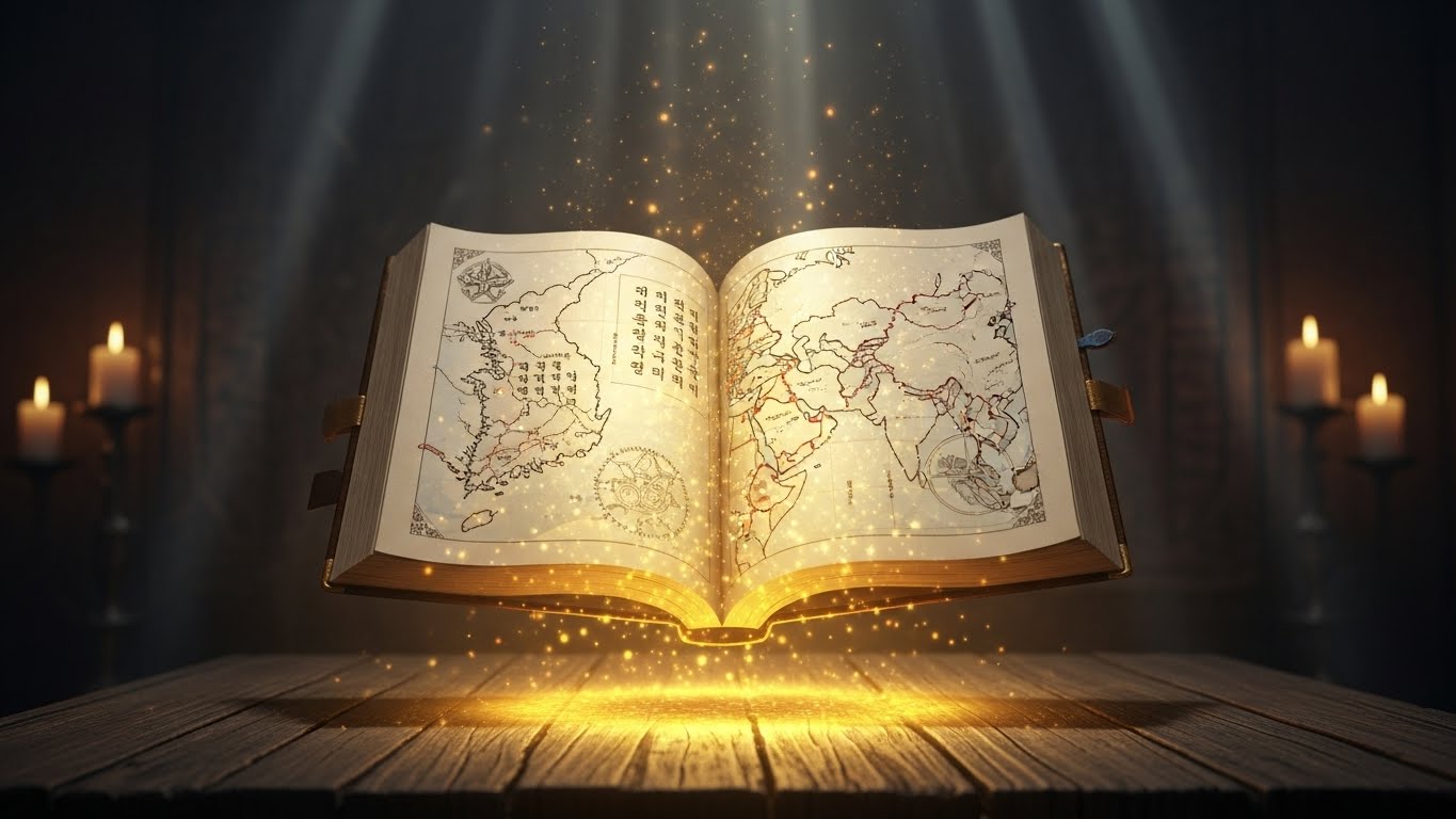 나무 탁자 위에 공중에 떠서 황금빛으로 빛나며 펼쳐진 환단고기 고서, 한반도에서 중앙아시아까지 펼쳐진 광활한 고대 영토 지도와 한자 문헌이 보이고 주변에 신비로운 빛 입자들이 퍼지는 모습