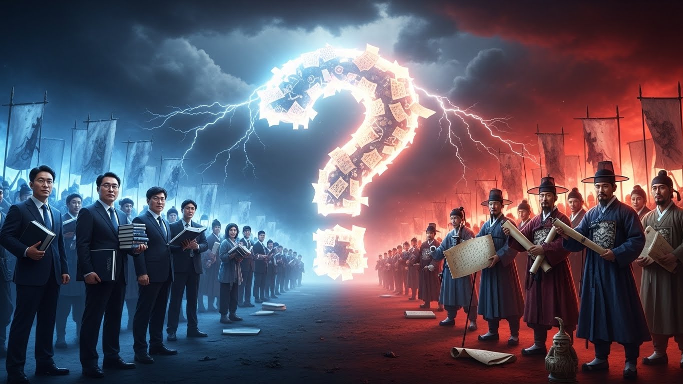 왼쪽 파란빛 현대 정장의 주류 역사학계 한국인 교수들과 오른쪽 빨간빛 전통복장의 재야사학 한국인 학자들이 중앙의 거대한 물음표를 사이에 두고 대립하는 환단고기 논쟁 역사전쟁 장면, 번개와 극적인 구름