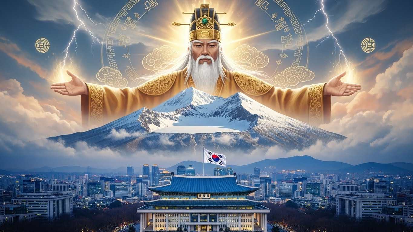 단군왕검이 백두산 위에서 두 팔을 벌려 축복하고 아래 청와대와 서울 도심이 보이는 한민족 역사 정체성을 상징하는 웅장한 합성 이미지, 태극기와 전통 구름 문양, 번개가 과거와 현재를 연결함