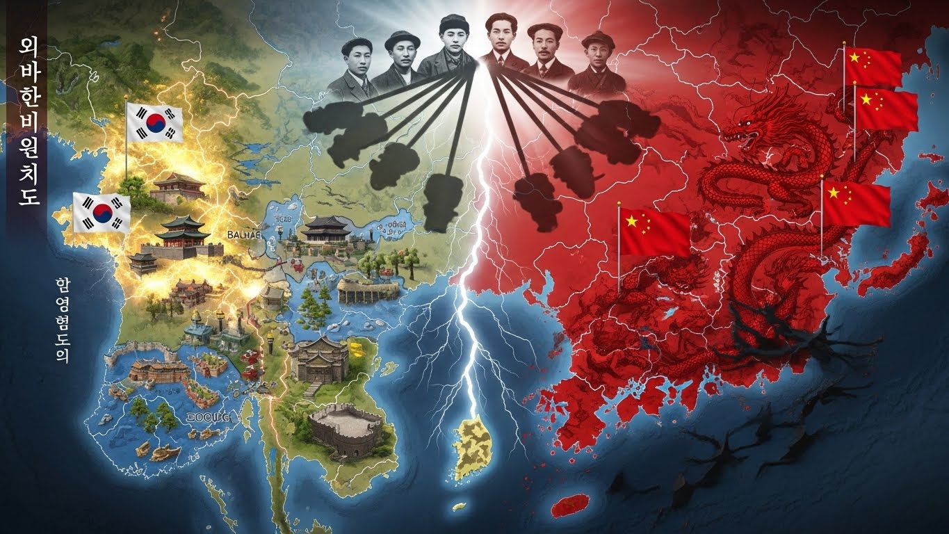 왼쪽에 황금빛으로 빛나는 고구려 발해의 만주 영토와 오른쪽에 붉은 중국 용에 잠식당하는 같은 지역, 중앙의 균열 위로 일제 식민 학자들의 그림자가 드리워진 중국 동북공정 역사전쟁 상징 이미지