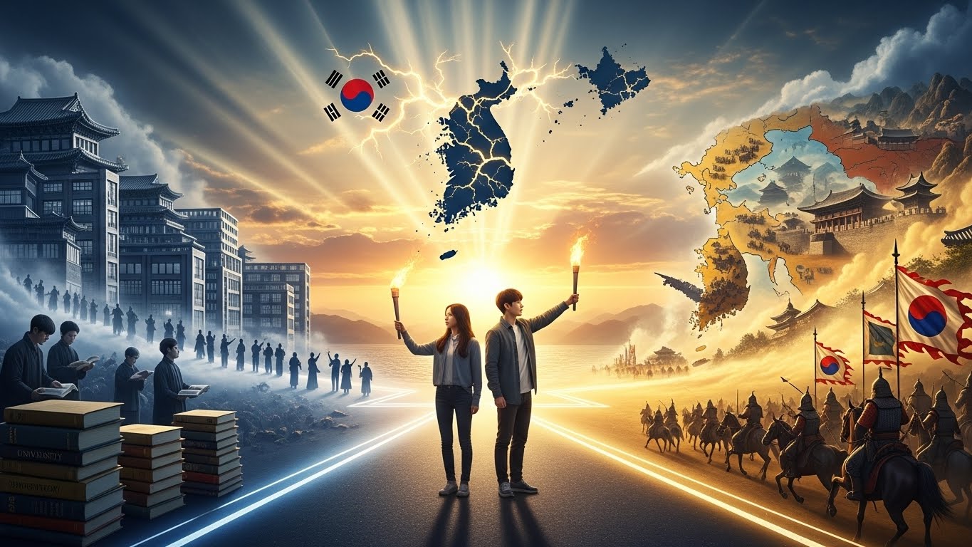 새벽 갈림길에 지식의 횃불을 든 젊은 한국 남녀가 서 있고, 왼쪽은 좁은 회색 길의 기존 학계, 오른쪽은 광활한 황금빛 고대 한국 왕국의 길, 위로 확장되는 한반도 지도와 일출이 보이는 대한민국 미래 선택의 상징적 장면