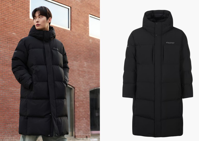 2025년 12월 남성 롱패딩 베스트 1위 디스커버리 익스페디션 레스터G RDS 구스다운 롱패딩 블랙 착용 모습과 제품 상세 이미지