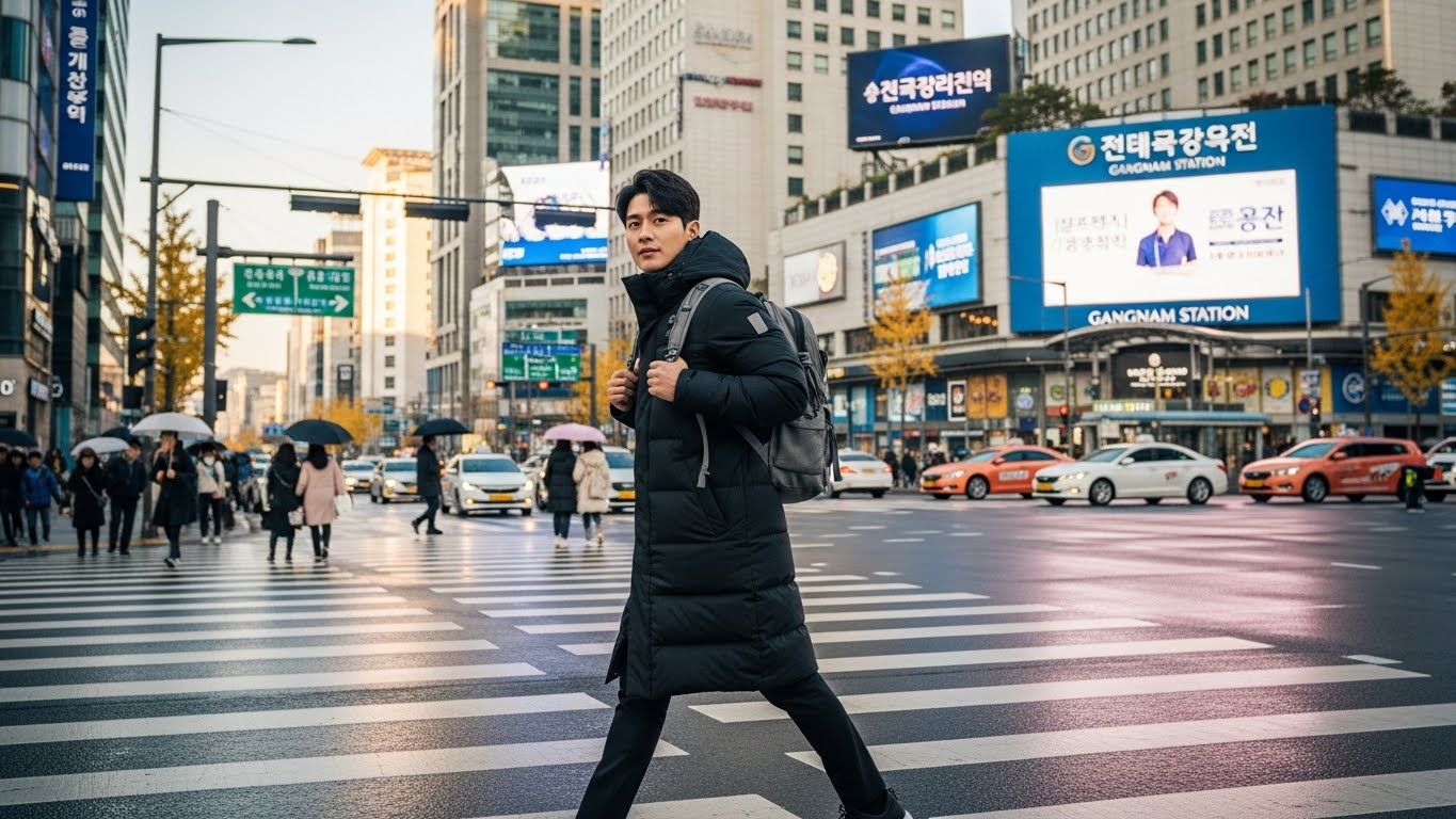 2025년 12월 남성 롱패딩 착용한 20대 30대 직장인 출퇴근 스타일 강남역 횡단보도 겨울 데일리룩 실제 착용 모습