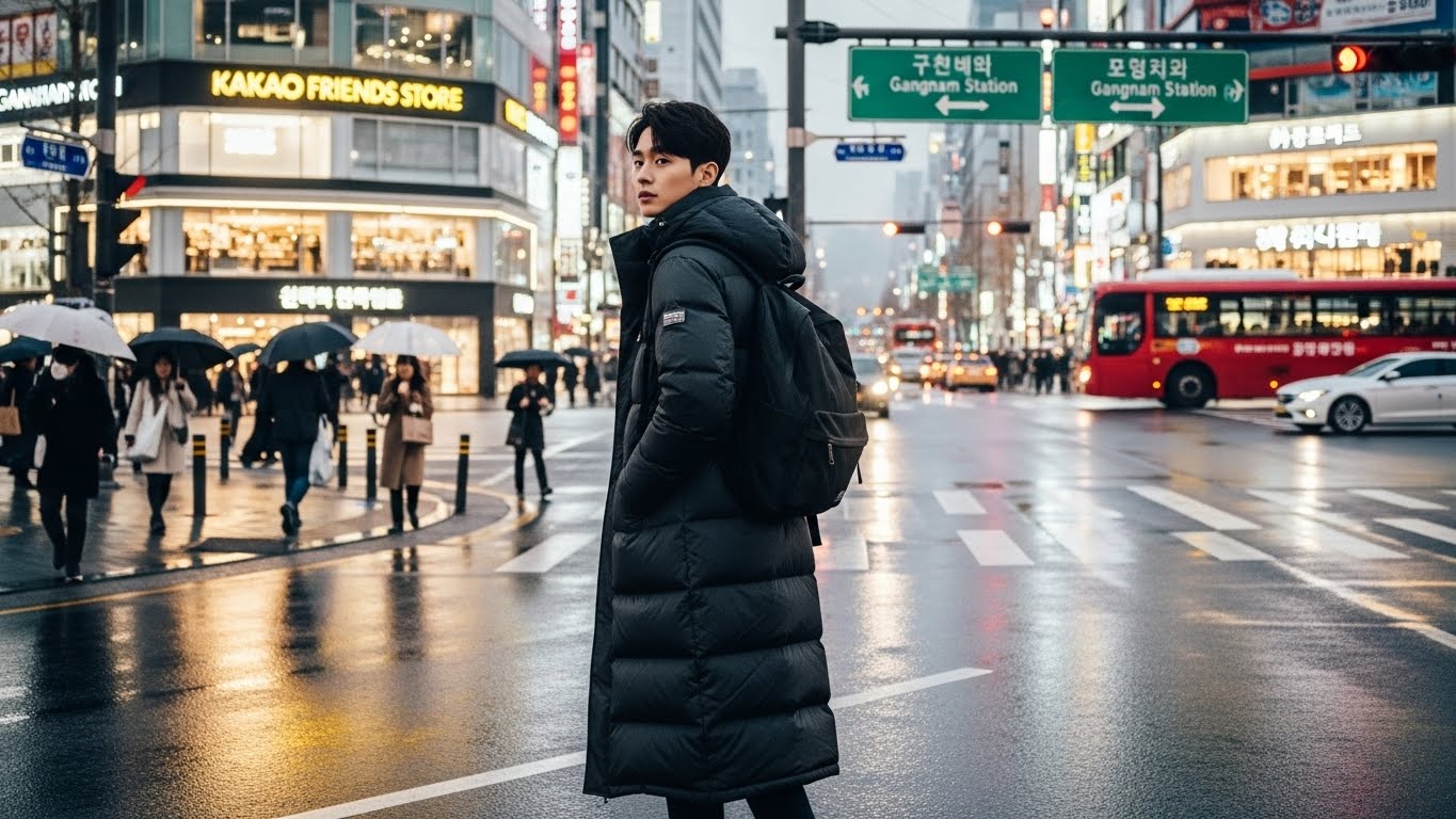 2025년 12월 남성 롱패딩 무릎 아래 기장 블랙 강남역 저녁 퇴근길 궂은 날씨 방수 방풍 실제 착용 모습