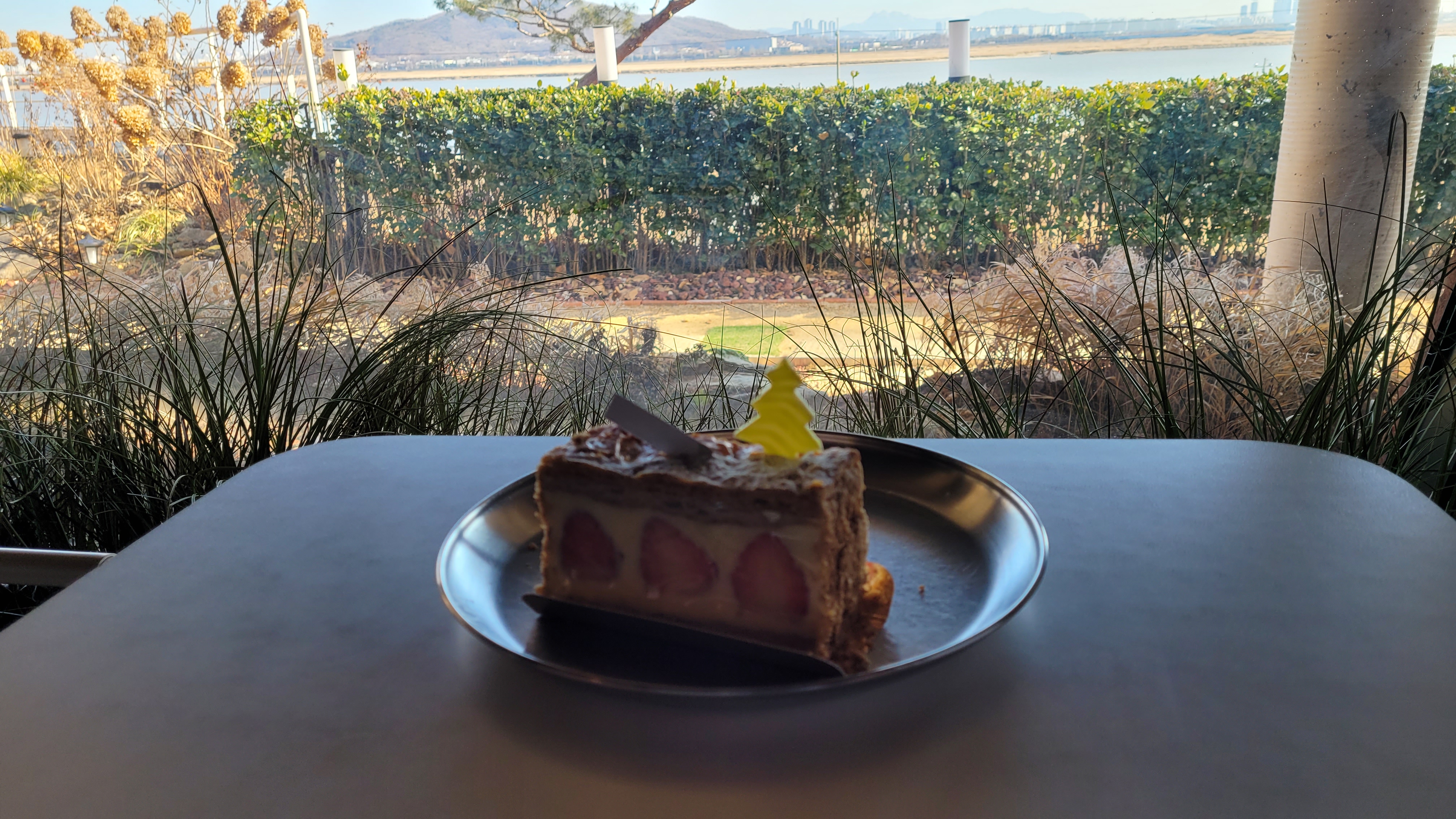 김포 아보고가 카페 한강 전망 야외 테라스에서 즐기는 딸기 케이크