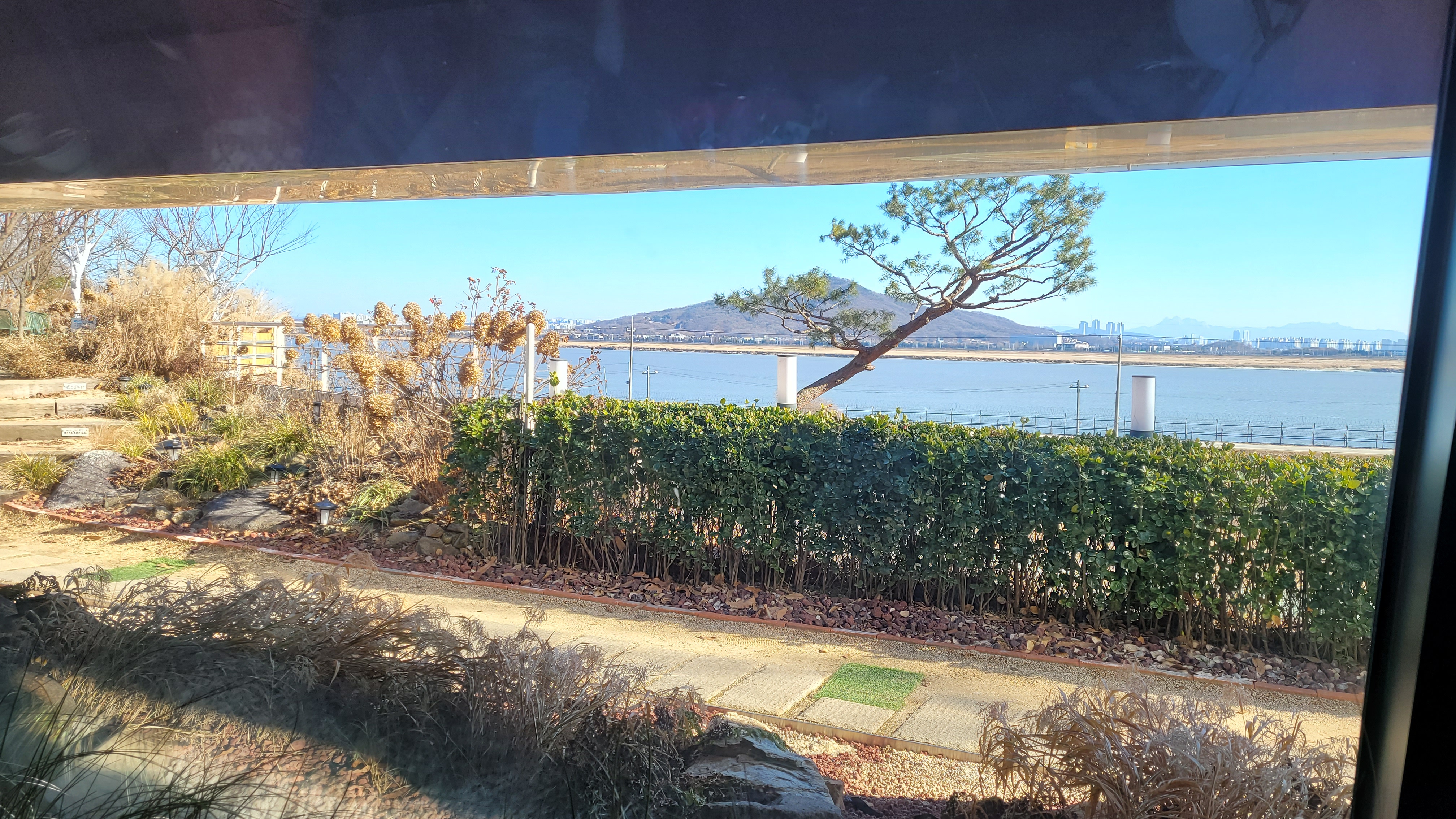 김포 아보고가 카페 2층 창가 좌석에서 보이는 한강 전망과 자연 풍경