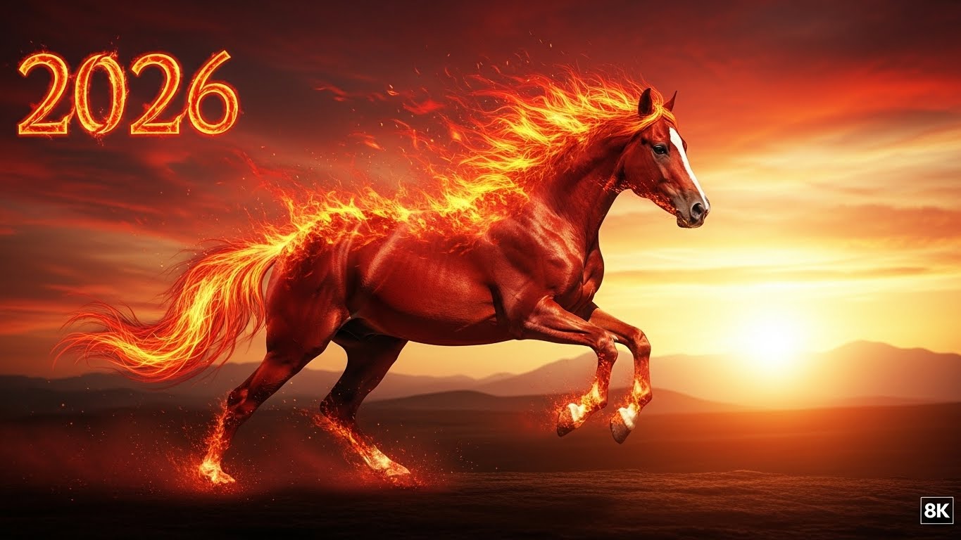 2026년 병오년 붉은 말이 불꽃을 일으키며 힘차게 달리는 모습, 병오년 띠별 신년운세를 상징하는 적토마 이미지