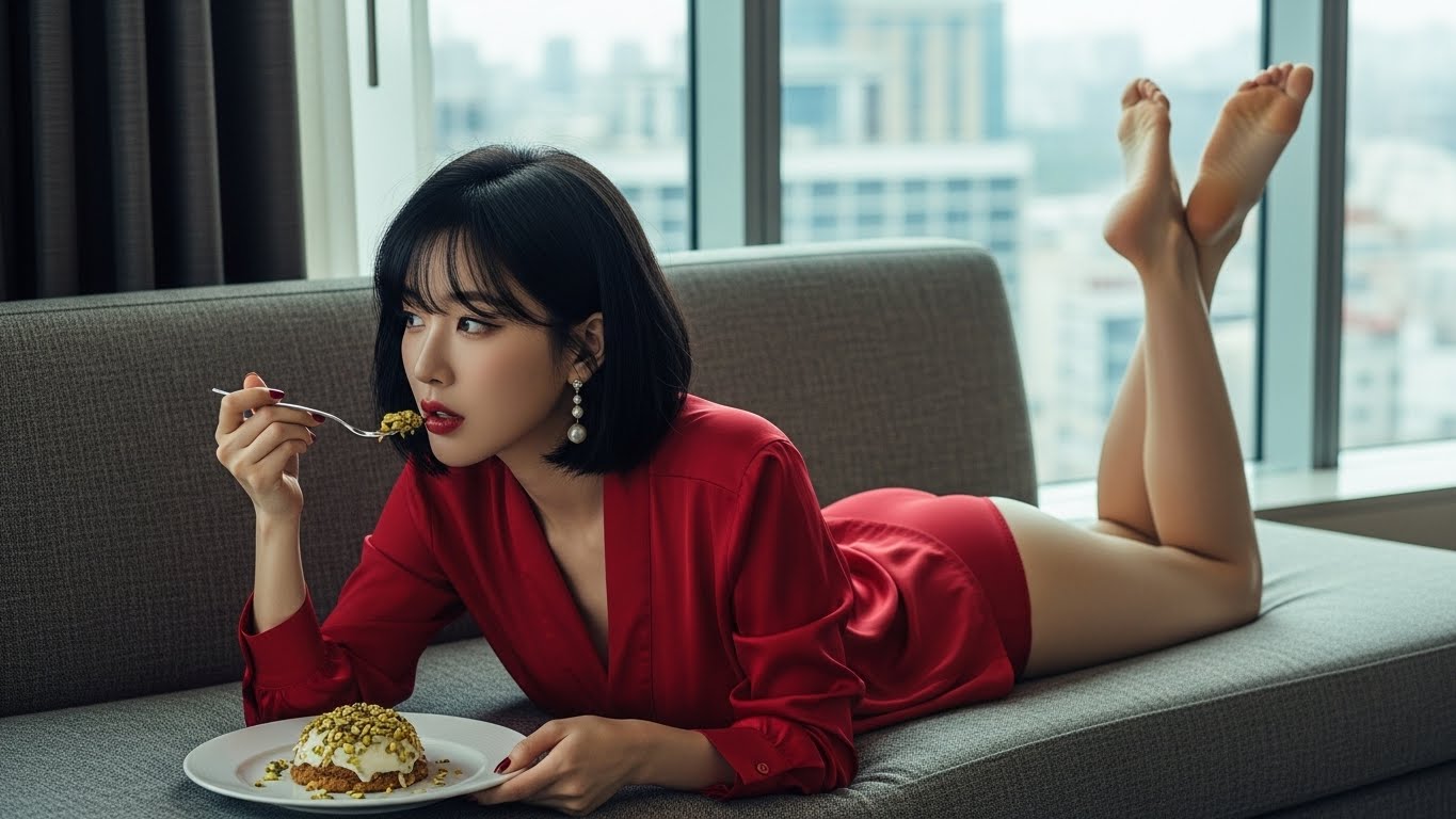 소파에 누워 피스타치오가 뿌려진 프리미엄 디저트를 먹는 젊은 여성, 두쫀쿠 열풍과 고급 디저트 소비 문화를 보여주는 라이프스타일 이미지