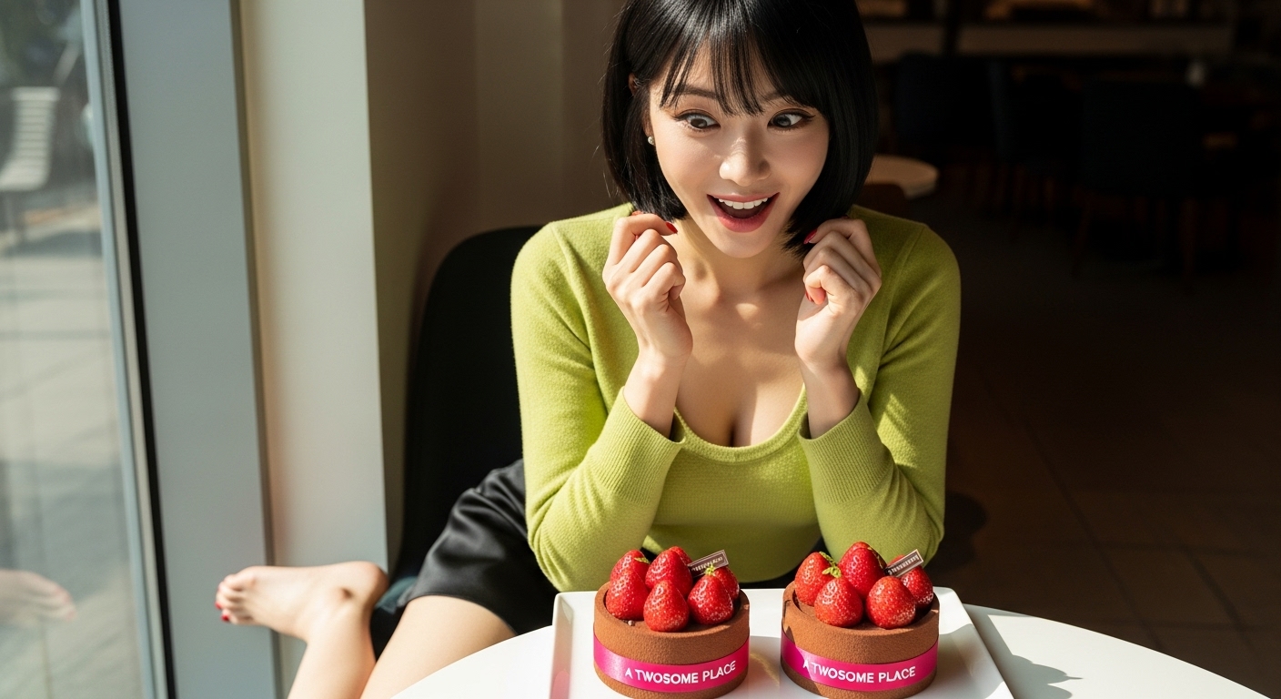 투썸플레이스 두초생 미니 케이크 2개를 앞에 두고 카페에서 기쁜 표정으로 손을 모으며 행복해하는 한국인 여성, 연두색 니트 착용, 초콜릿 무스 케이크 위 신선한 딸기와 핑크 리본 띠