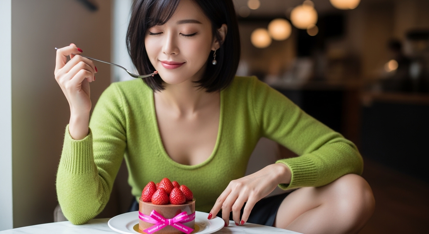 투썸플레이스 두초생 미니 케이크를 눈 감고 맛보며 행복한 미소 짓는 한국인 여성, 연두색 니트 착용, 포크 든 손, 초콜릿 무스 케이크 위 신선한 딸기와 핑크 리본, 카페 분위기