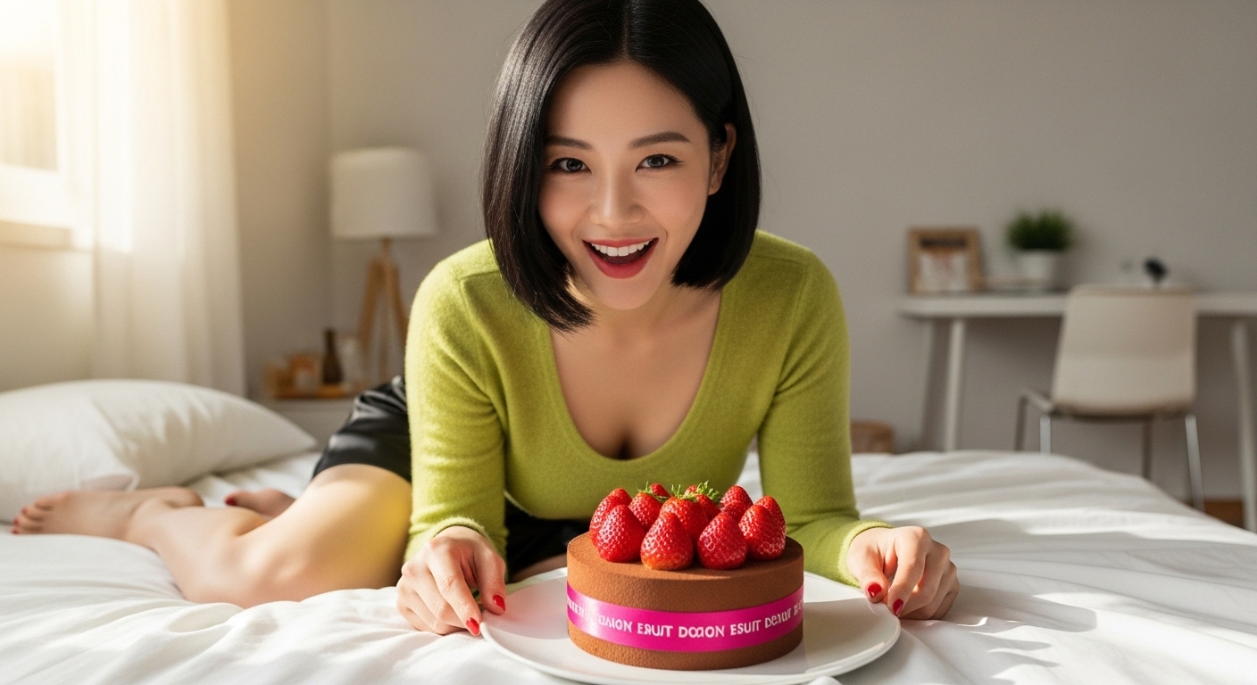 투썸플레이스 두초생 미니 케이크를 침대 위에서 받고 밝은 미소 짓는 한국인 여성, 연두색 니트 착용, 초콜릿 무스 케이크 위 신선한 딸기와 핑크 리본, 원룸 침실 자연광, 행복한 홈카페 순간