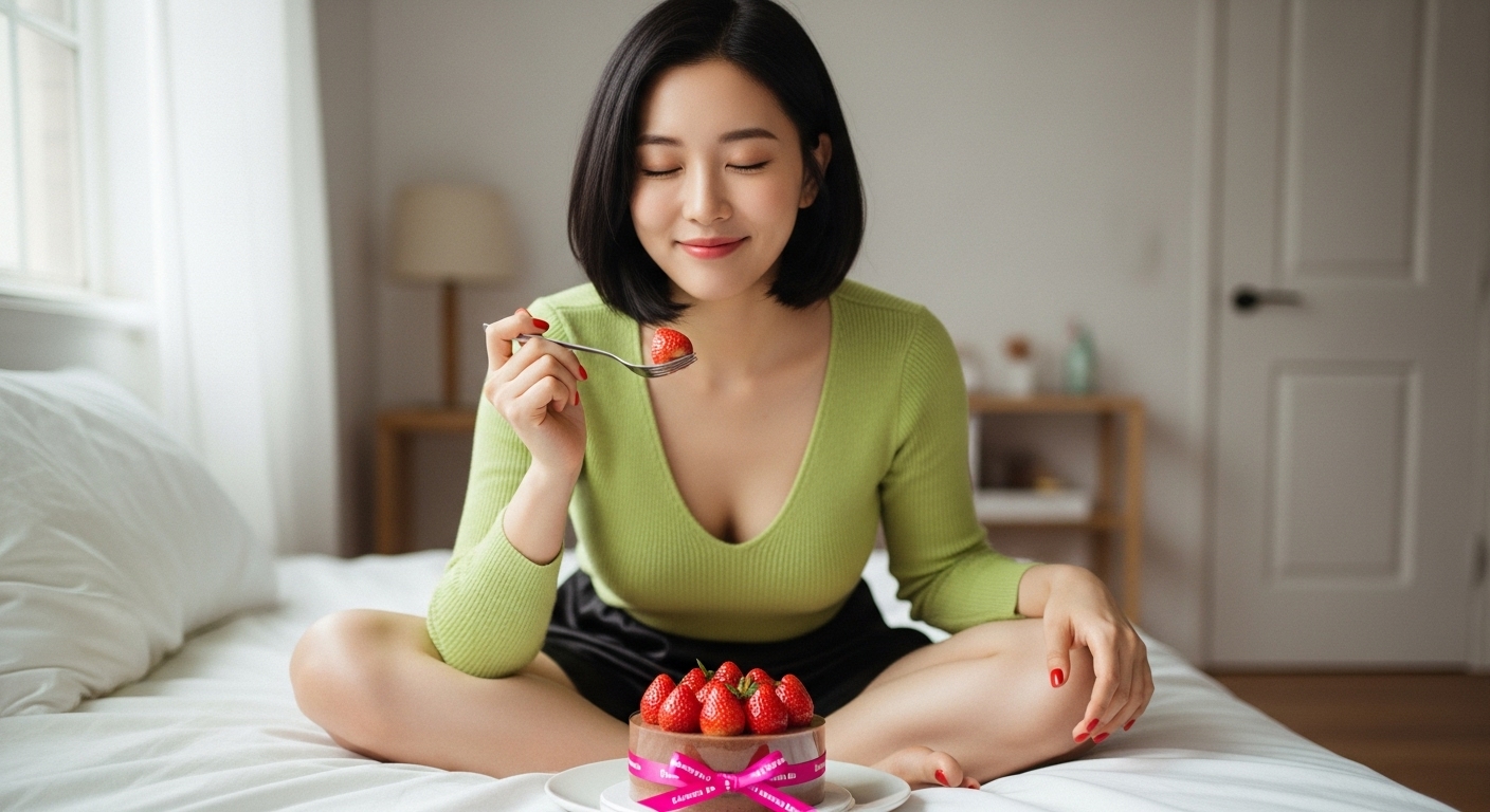 투썸플레이스 두초생 미니 케이크를 침대 위에서 눈 감고 음미하며 행복한 미소 짓는 한국인 여성, 연두색 니트 착용, 포크에 초콜릿과 딸기, 원룸 침실 자연광 분위기