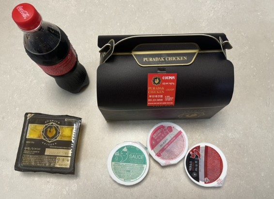 푸라닭 마요피뇨 악마소스 치킨박스 콜라 소스 전체 구성 세트