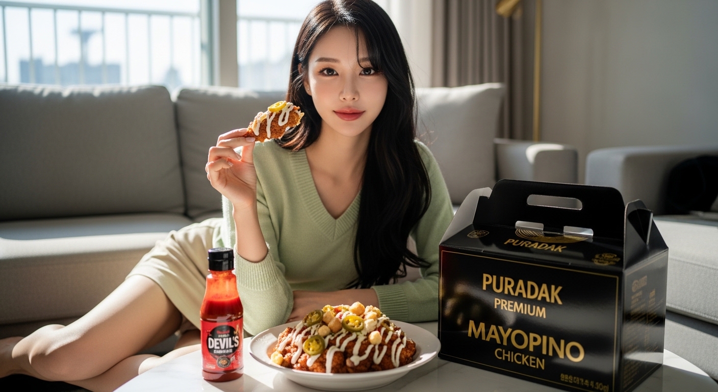 푸라닭 마요피뇨 치킨 먹방 후기 악마소스 아파트 거실 실제 먹는 모습