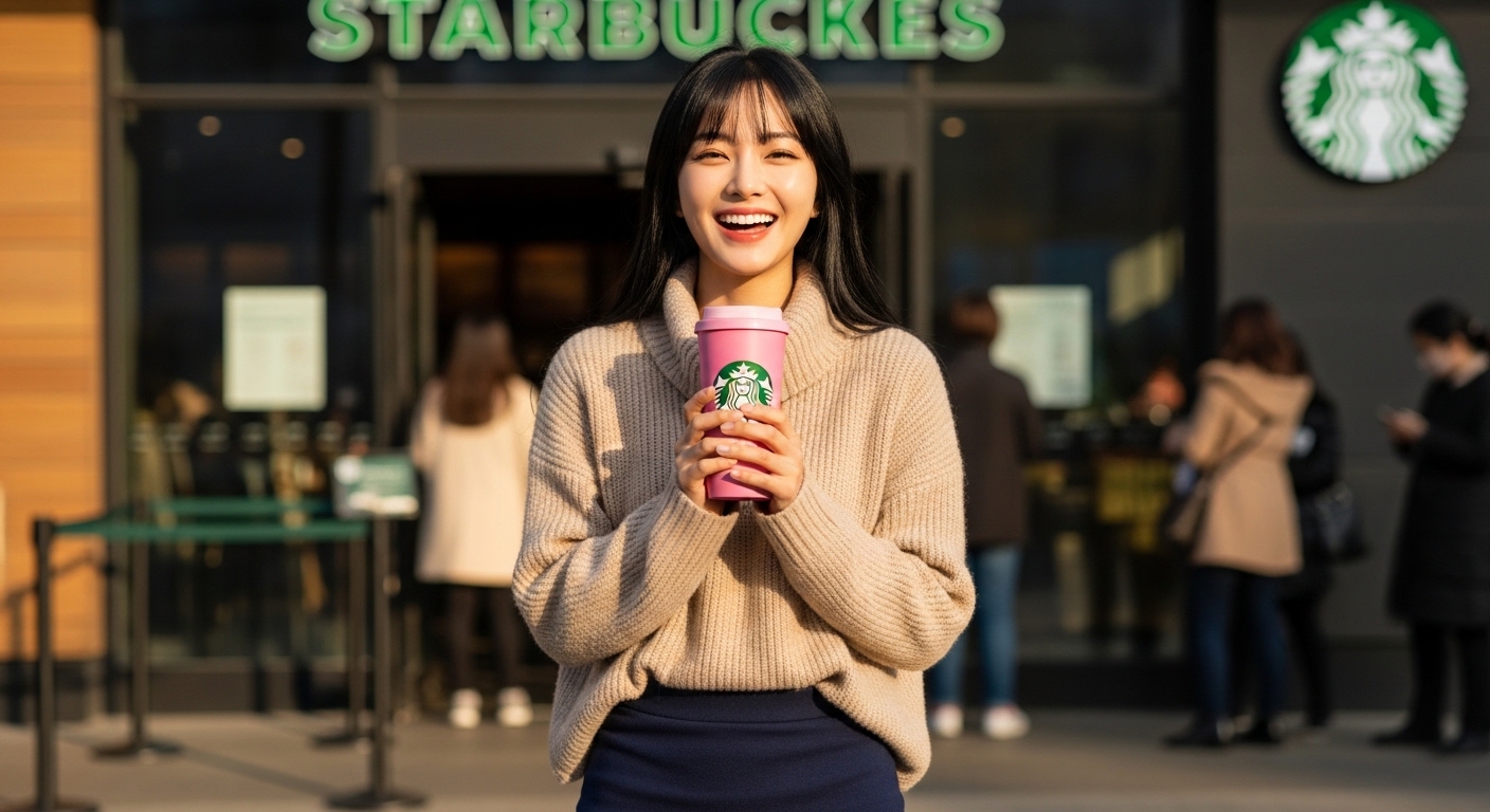 스타벅스 매장 앞에서 핑크 리유저블컵을 두 손으로 들고 환하게 웃고 있는 여성, 뒤로 줄 서있는 오픈런 인파가 보이는 스타벅스 리유저블컵 이벤트 현장