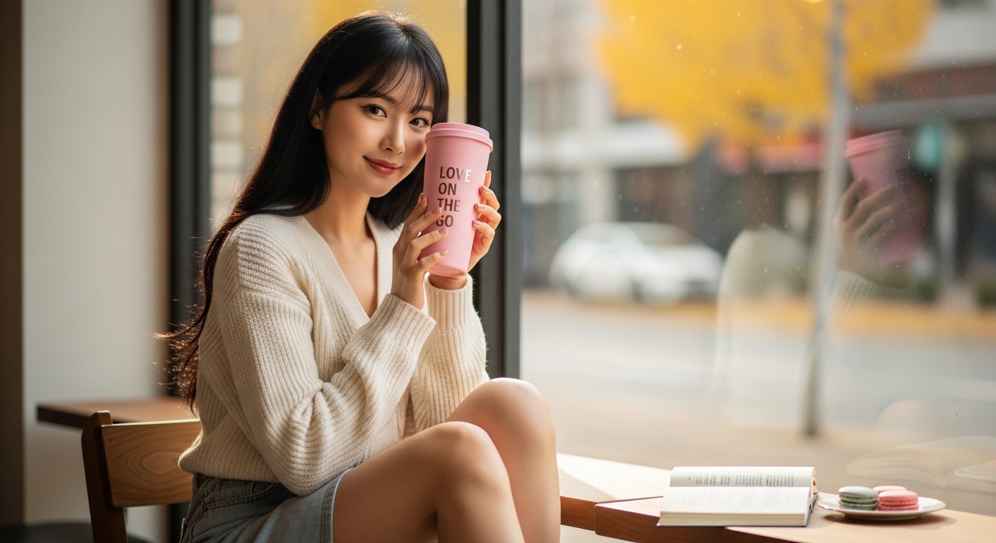 카페 창가에 앉아 LOVE ON THE GO 문구가 새겨진 스타벅스 핑크 리유저블컵을 들고 부드럽게 미소 짓는 여성, 테이블 위에 펼쳐진 책과 마카롱이 함께 보이는 감성적인 스타벅스 리유저블컵 SNS 인증샷 장면