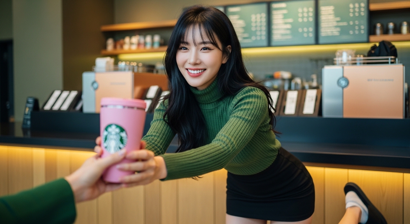 스타벅스 매장 카운터에서 바리스타가 고객에게 핑크 리유저블컵을 건네주는 장면, 개인컵 지참 시 400원 할인 혜택을 받을 수 있는 스타벅스 리유저블컵 사용 방법 실제 현장