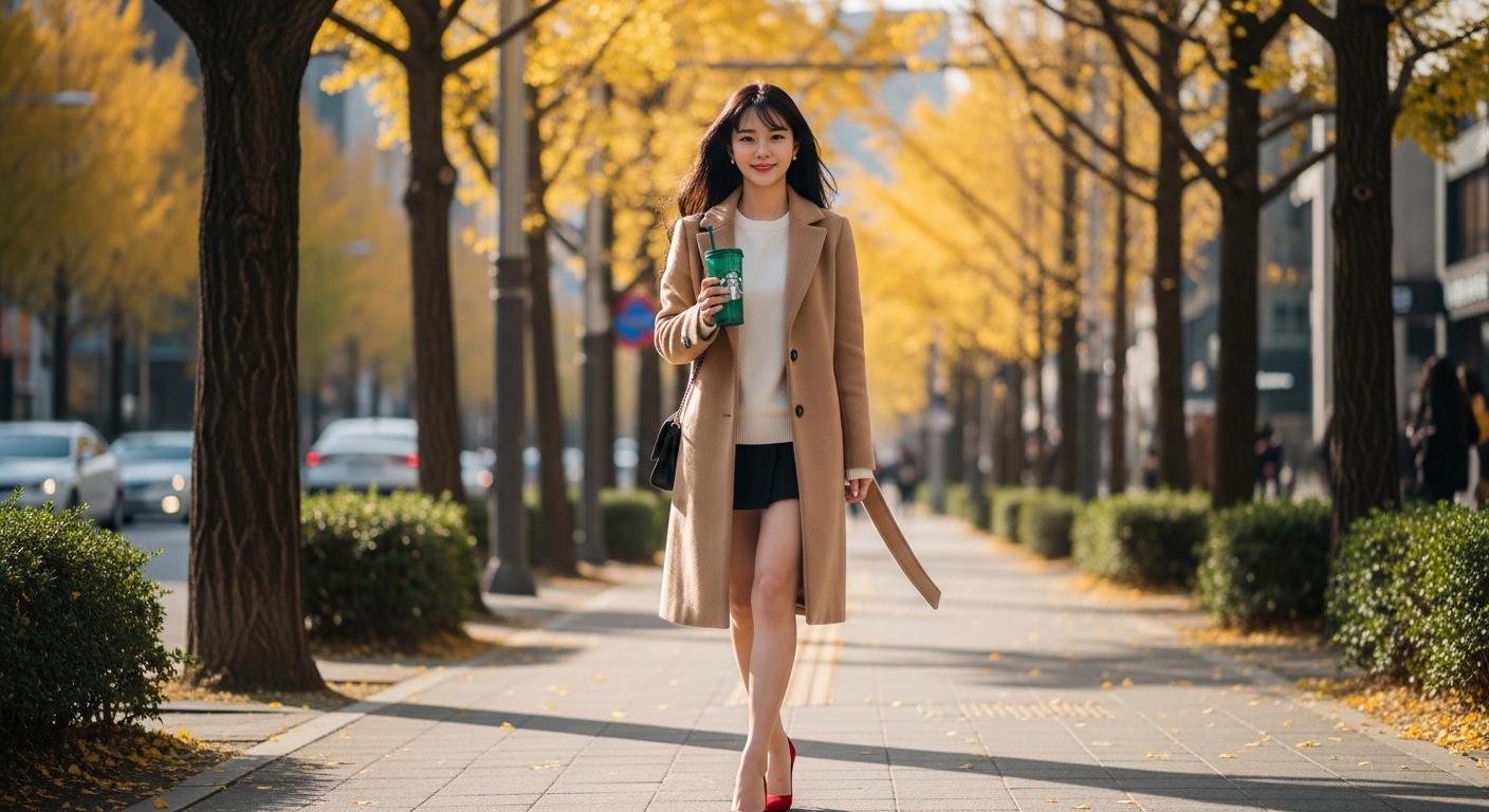 황금빛 은행나무가 늘어선 서울 가을 거리를 스타벅스 리유저블컵을 한 손에 들고 여유롭게 걸어가는 여성, 리유저블컵을 일상에서 꾸준히 재사용하며 400원 할인 혜택을 누리는 친환경 라이프스타일 장면