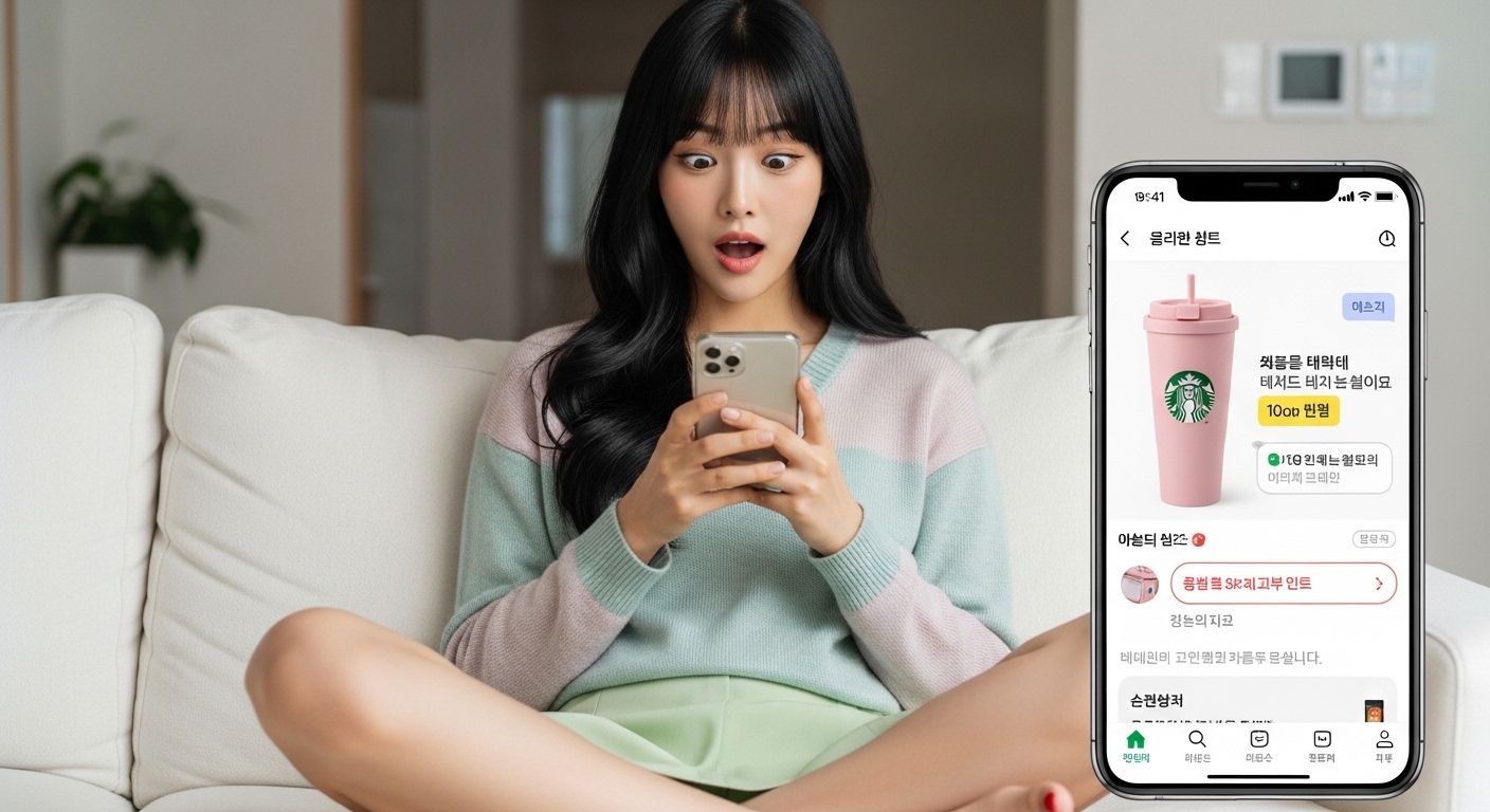 소파에 앉아 스마트폰으로 당근마켓에 올라온 스타벅스 핑크 리유저블컵 중고거래 매물을 보고 입을 벌리며 크게 놀란 표정을 짓는 여성, 공짜로 받은 스타벅스 리유저블컵이 1만원 이상 웃돈에 거래되는 중고거래 열풍 현장