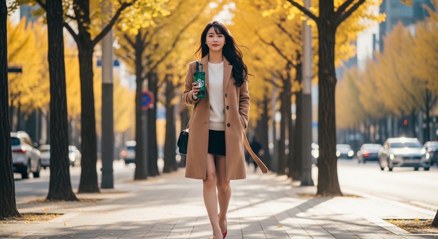 황금빛 은행나무 단풍이 가득한 서울 가을 거리를 스타벅스 리유저블컵을 손에 들고 당당하게 걸어오는 여성, 개인컵 지참으로 400원 할인 혜택을 받으며 친환경 라이프스타일을 실천하는 스타벅스 리유저블컵 일상 재사용 장면
