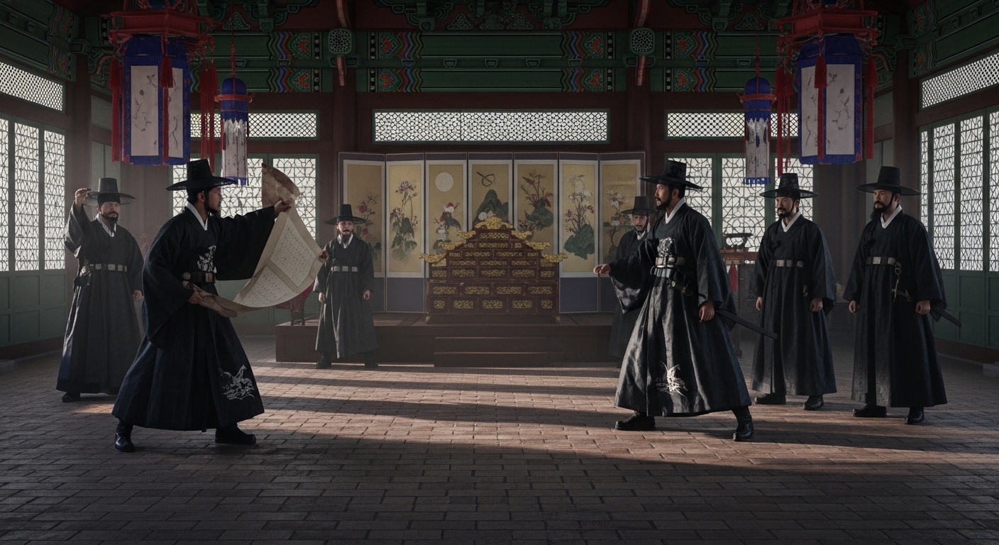 조선시대 경복궁 조정 내부에서 흑단령 관복을 입은 두 당파의 관료들이 상소문을 들고 격렬하게 대립하는 장면 — 조선 붕당정치 당파싸움의 역사적 재현