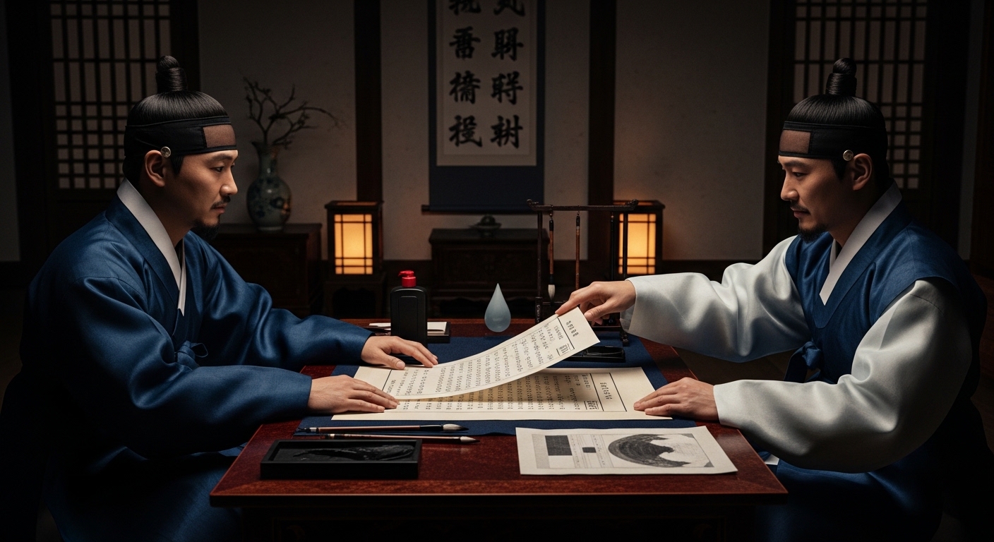 1575년 조선 한옥 사랑채에서 남색 도포를 입은 두 사대부가 이조전랑 임명 문서를 마주 당기며 대립하는 장면 — 조선 동서분당과 붕당정치의 시작을 상징하는 역사적 재현