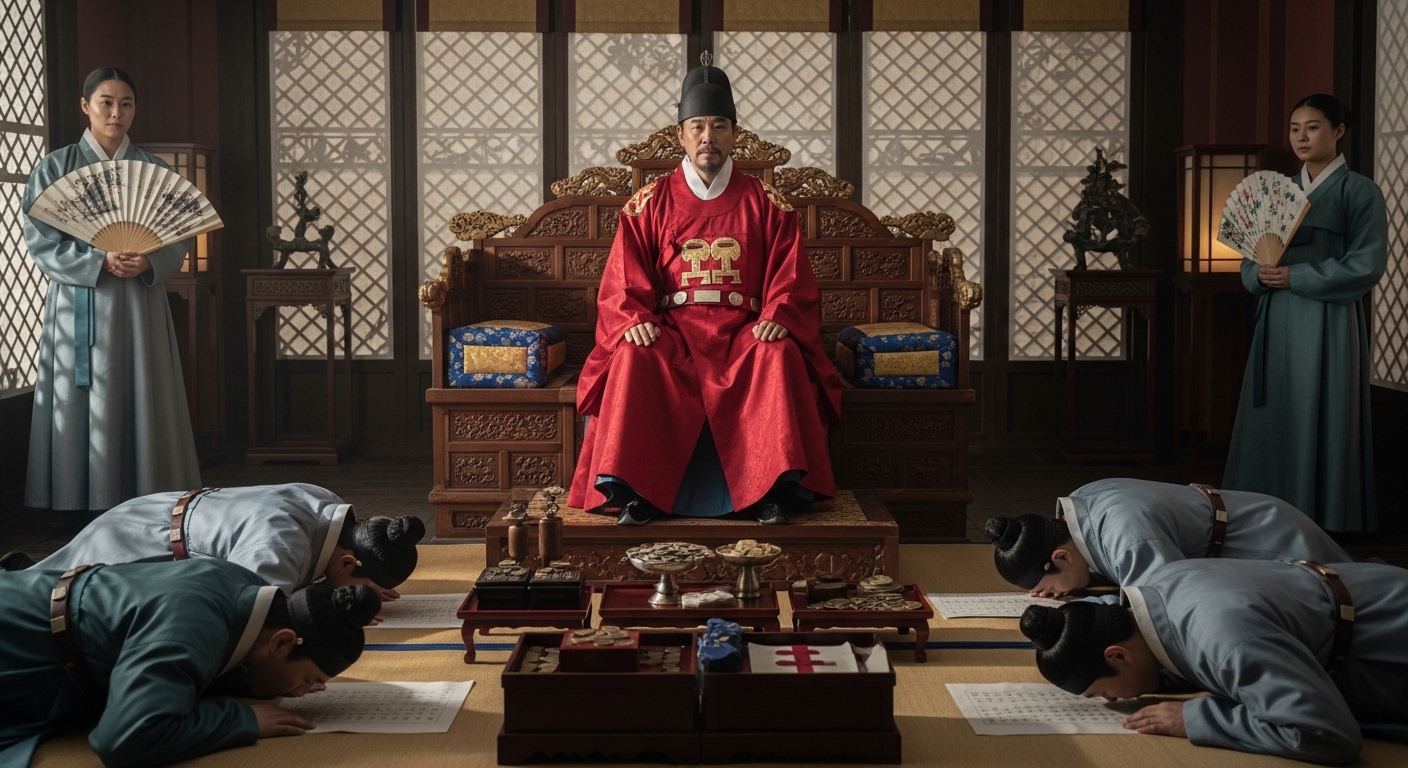 19세기 조선 세도정치 시대, 붉은 곤룡포 차림의 세도 권력자가 화려한 의자에 위압적으로 앉아 있고 그 앞에 하급 관리들이 이마를 바닥에 대며 엎드린 채 동전·문서·공물이 담긴 소반을 바치는 장면 — 안동 김씨 세도정치의 부패와 권력 독점을 상징하는 역사적 재현