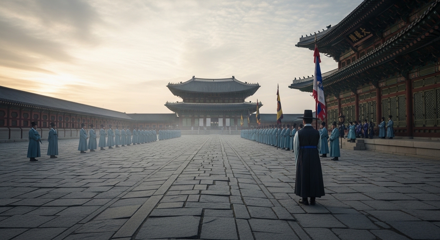 1910년 경술국치, 안개 낀 새벽 경복궁 근정전 앞 광활한 박석 마당에 조선 관리들이 도열한 가운데 홀로 등을 보이며 서 있는 관료와 축 늘어진 깃발이 518년 조선 왕조의 마지막을 애도하는 장면 — 당파싸움과 세도정치로 국력을 소진한 끝에 맞이한 경술국치의 역사적 재현