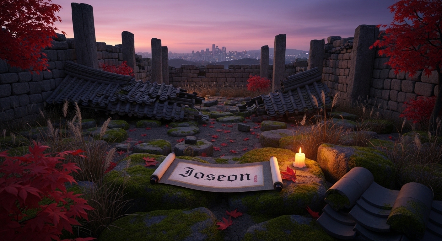 무너진 조선 궁궐 폐허의 이끼 낀 돌 위에 'Joseon'이 적힌 두루마리 족자가 펼쳐져 있고 촛불 하나가 타오르는 가운데, 붉은 단풍과 억새 너머 저 멀리 현대 서울 스카이라인이 보이는 장면 — 300년 당파싸움으로 스러진 조선 왕조의 역사적 교훈과 현재를 잇는 상징적 이미지