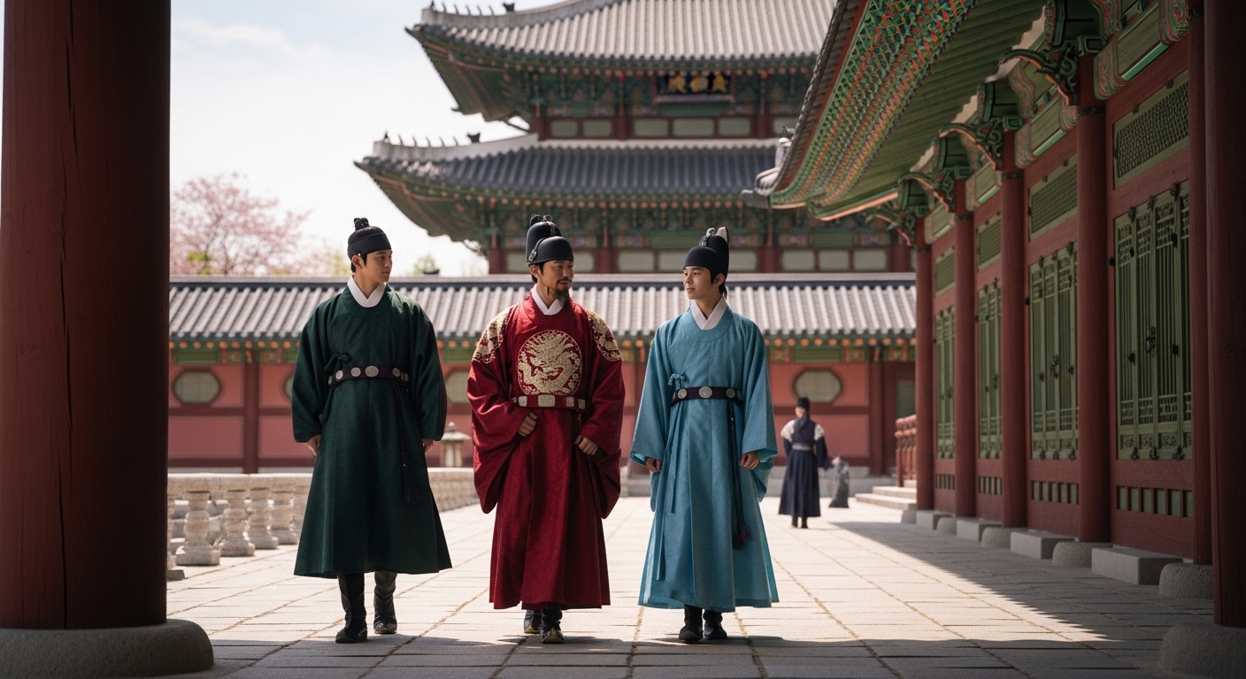 세종대왕 문종 수양대군과 경복궁 궁궐 함께 거니는 장면 상상화