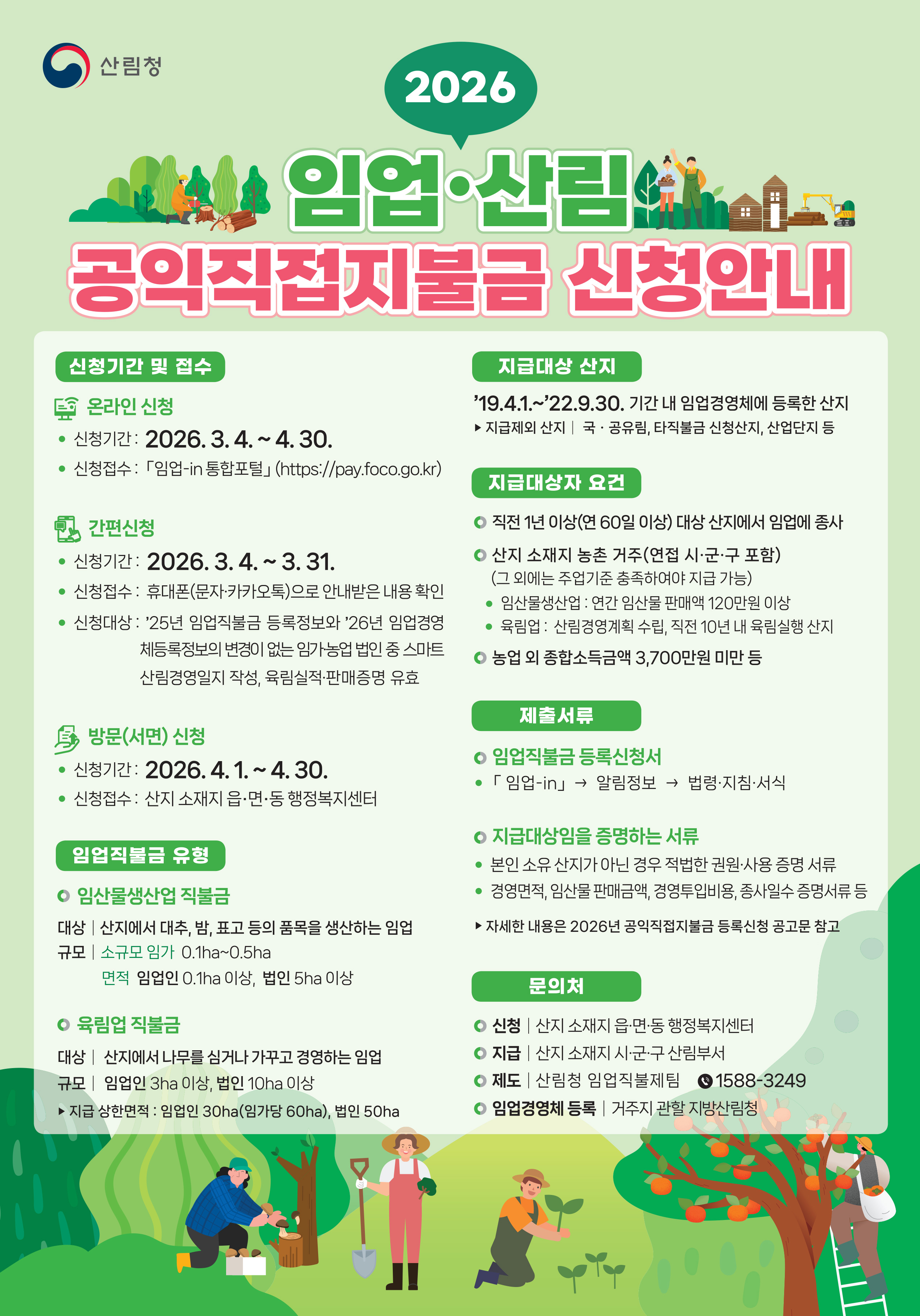2026년 임업 산림 공익직접지불금 신청 기간, 접수처, 지급 대상 및 제출 서류 안내 포스터