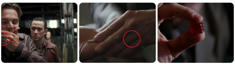 인셉션 토템의 비밀 - 코브의 반지 복선 장면, 손가락의 결혼반지 흔적 클로즈업, 붉은 주사위 토템 디테일