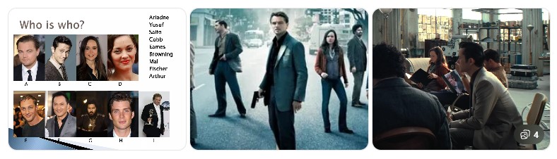 인셉션 팀 구성원 소개와 강도 영화 구조 분석 - 아리아드네, 유서프, 사이토, 코브 등 등장인물 역할 정리, 팀이 함께 걷는 포스터 장면, 꿈속 작전 수행 장면