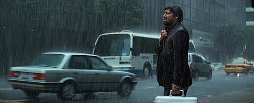 인셉션 유서프의 꿈 1단계 – 폭우가 쏟아지는 도심 거리에서 가방을 들고 하늘을 올려다보는 남자의 모습